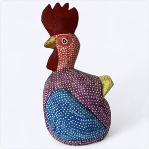 Wood Carved Folk Art Rooster Hand Painted Polka Dot Chicken Mexican Style Whimsy